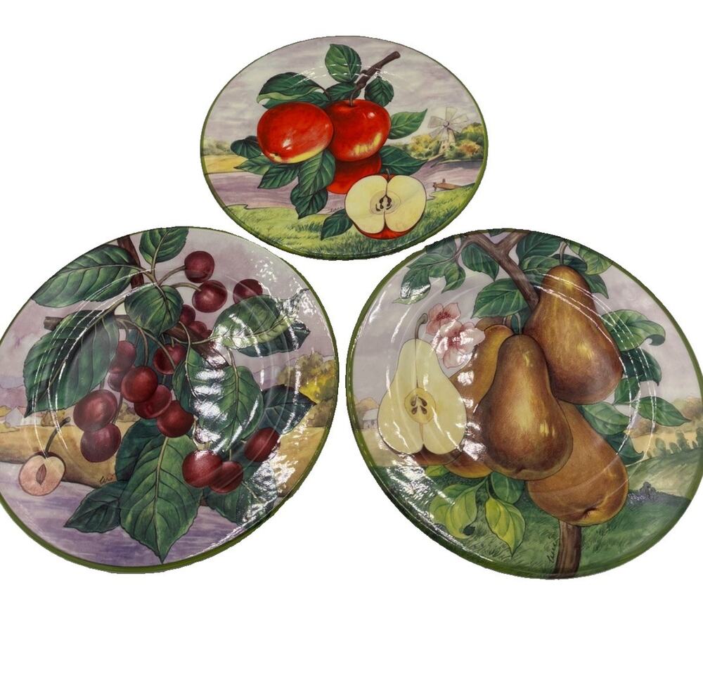 Villa d’Este Italy Fruit Salad Plates – Pear Apple Cherry Set of 3 Vintage 8.5"